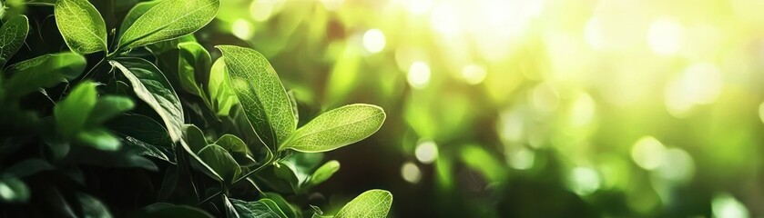 Lush green leaves illuminated by soft sunlight in a serene natural setting.