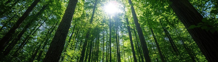 Fototapeta premium Lush forest canopy with sunlight filtering through vibrant green leaves and tall trees.