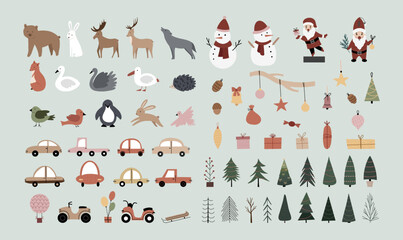 Merry Christmas set, New Year set, with cute elements for design. Christmas tree, Santa, deer, gingerbread, car, sled, bear, rabbit. For cards, banners, website, icons, fabrics © roskque