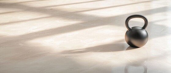 A kettlebell sits on a tile floor in a room with a window