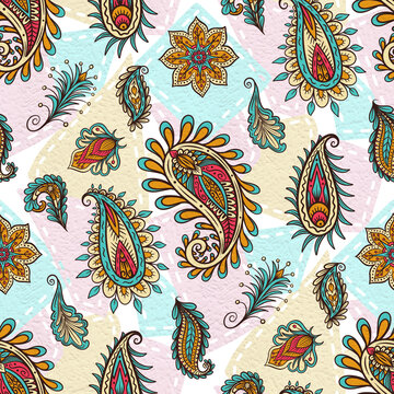 Seamless pattern based on traditional elements Paisley. Hand drawn ornamental print design