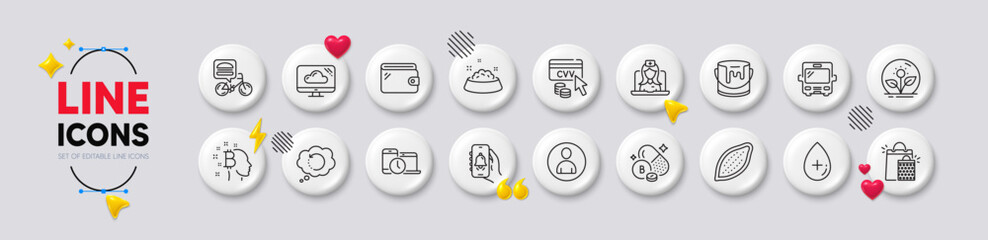 Fototapeta premium Dog feeding, Recovery data and Boron mineral line icons. White buttons 3d icons. Pack of Telemedicine, Cloud storage, Oil serum icon. Incubator, Time management, Avatar pictogram. Vector