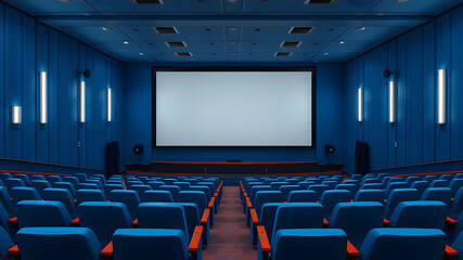 Fototapeta premium Blue Empty Theater with white screen, Awaiting the Show