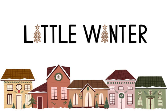 Christmas set of festive winter houses. Cozy houses decorated for the holiday collection. New Year cute winter card with hand drawn houses.