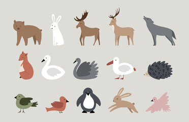 Vector illustration forest animals. Cute animal elements isolated on white background. Bear, hare, elk, deer, wolf, hedgehog, cormorant, fox, bird