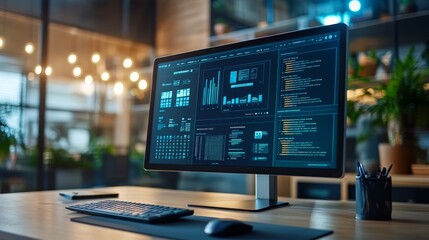 A computer monitor displaying charts, graphs, and data on a desk in an office.