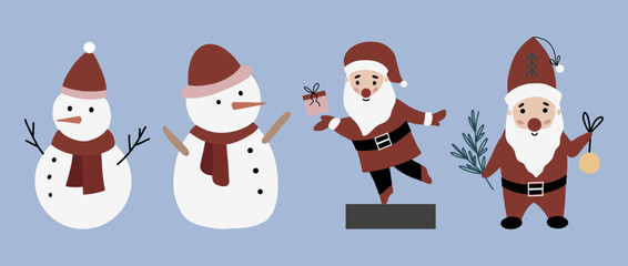 Cute hand drawn set with santa, snowmen and gnome elf. Vector illustration in doodle style. Merry Christmas
