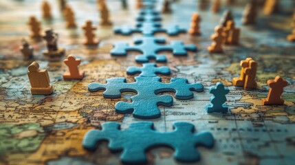 An intricate map displays strategic areas, though key puzzle pieces remain absent, hinting at untold mysteries