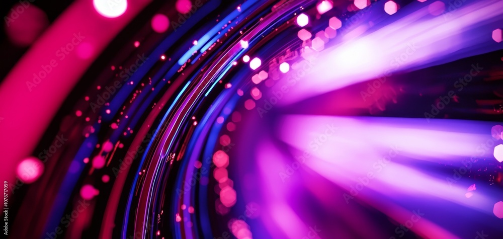 Poster a vibrant abstract image depicting swirling lines of purple and pink light against a dark background