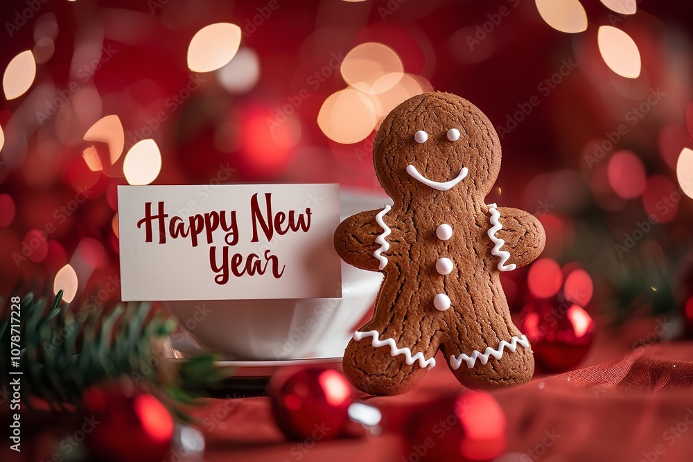 Poster an up close and personal photo of a gingerbread man emerging from a cup while clutching a white card