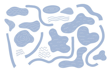 Cute set of hand drawn rivers and lakes with texture. Vector collection of rivers and lakes in cartoon doodle style.