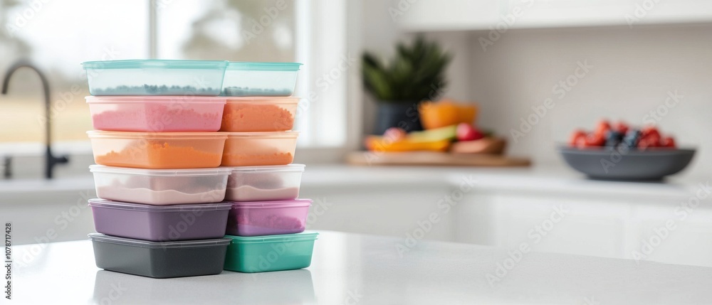 Poster a stack of plastic containers with different colors and sizes