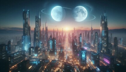 Fototapeta premium futuristic cyberpunk city at night with 2 moons (utopic world)