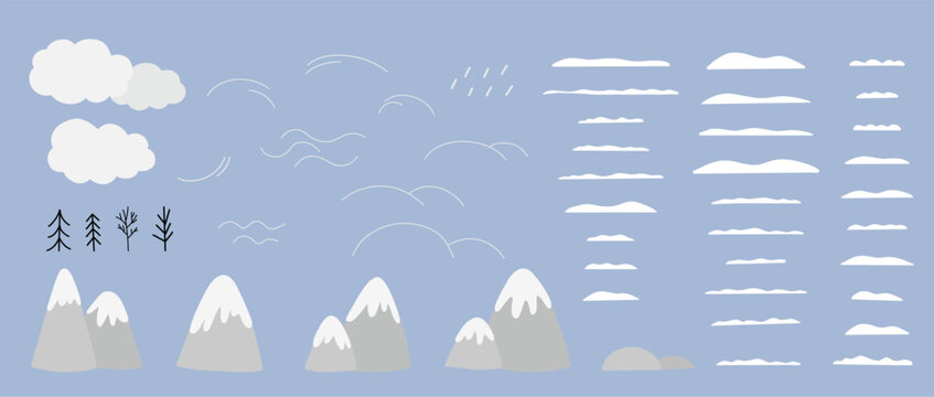 Cute vector collection of winter elements for hand drawn map. Snowy mountains, snow, snowfall, clouds, swirls, wind.