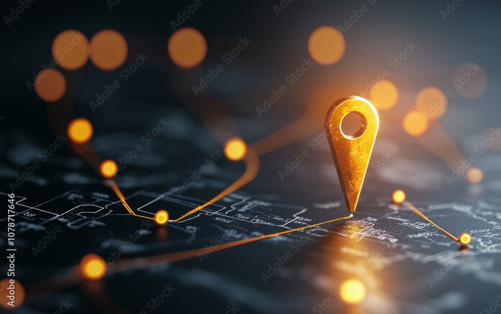 Aufkleber a glowing location pin stands out on a dark map, connected by a network of bright lines, symbolizing
