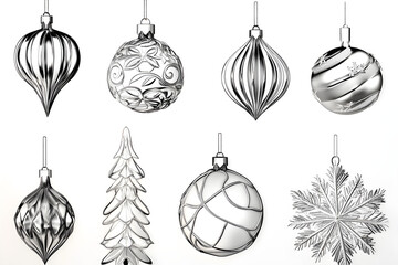 A set of beautifully drawn black and white illustrations of classic Christmas ornaments, perfect for holiday designs and greeting cards.