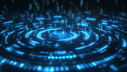 Abstract Futuristic Background with Glowing Circles and Binary Code