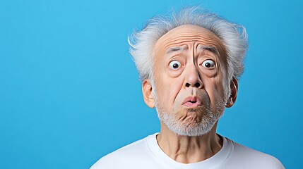 Surprised elderly man shows expressions of shock and confusion against a blue background