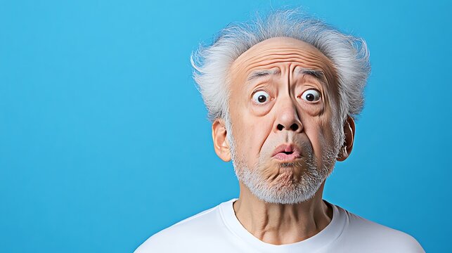 Surprised elderly man shows expressions of shock and confusion against a blue background