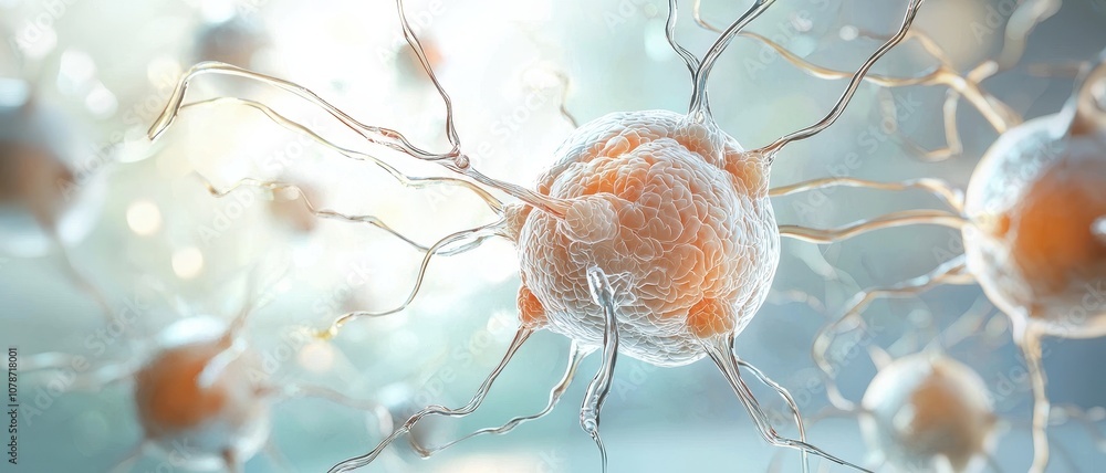 Poster a close-up view of cells with tentacle-like projections, showcasing intricate details and a soft, gl