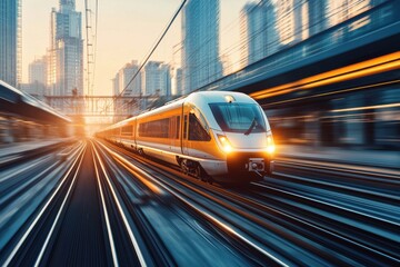 High-speed train accelerates along elevated track showcasing innovative intelligent transportation solutions