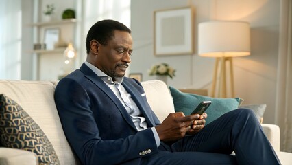 African Businessman Using Mobile Phone on Sofa, Professional at Home,Modern African Businessman Relaxing on Sofa with Mobile Phone, Business at Home
