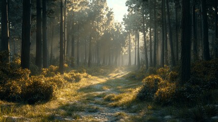 Obraz premium Mystical Pine Forest with Volumetric Light Beams Streaming Through the Trees
