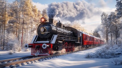 Classic Steam Locomotive Traveling Through Snowy Landscape in Winter