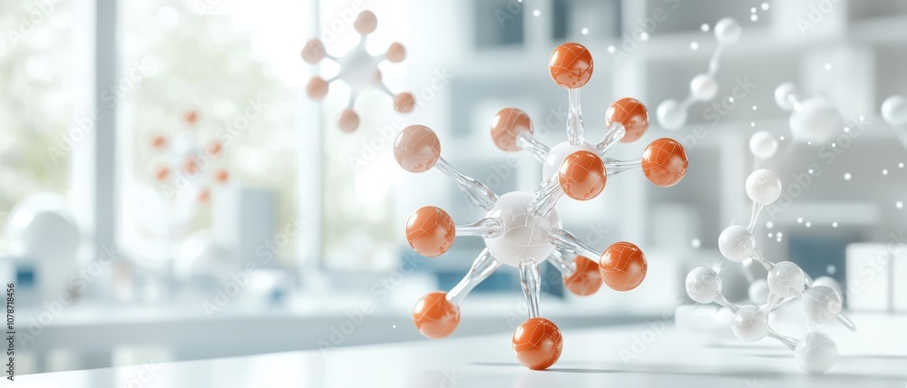 Poster a digitally rendered image depicting molecular structures with red and white spheres, representing a