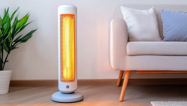 Electric Tower Heater with Ceramic Grill in a Cozy Living Room