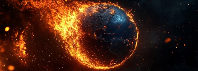 Obraz premium Burning planet Earth in space, explosion and fire effects, dark background