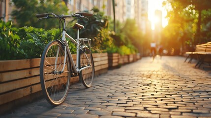 Cyclists commuting through streets bordered by urban farms, public benches made from sustainable materials, morning view