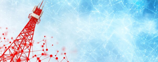 Blue Background with Red Digital Connections and Cell Tower