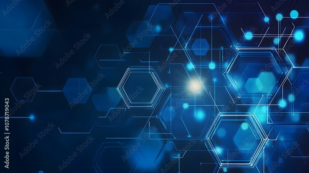 Poster abstract digital background with glowing hexagons and lines.