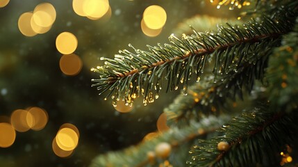 Close-Up of Christmas Tree Branch with Festive Warm Lights
