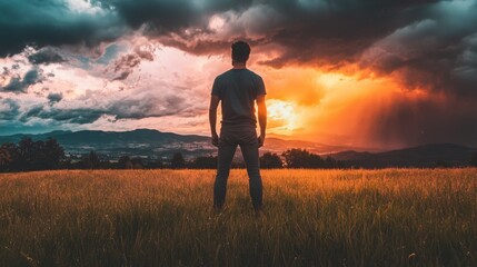 Obraz premium A solitary figure stands in a field, gazing at a dramatic sunset. The sky is filled with fiery hues and dark clouds, creating a sense of strength and awe.