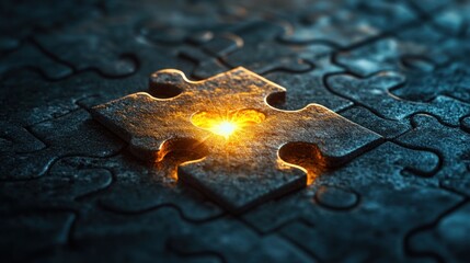 A single puzzle piece glows with warmth, highlighting its importance among the surrounding pieces that are searching for the perfect match. Planning and Business solutions, success and strategy