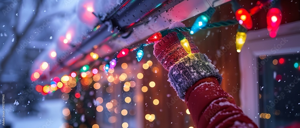 Poster a close-up shows a person stringing christmas lights in various colors across a snowy rooftop with p