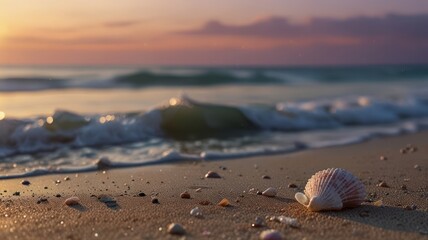 A single seashell rests on the sandy beach at the edge of the ocean as the sun sets on the horizon.