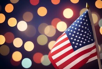 Fototapeta premium An American flag against a background of colorful bokeh lights, representing patriotism and celebration