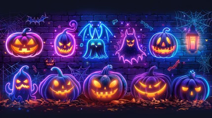 Neon glowing pumpkins, ghosts, bats, and lanterns on a brick wall for Halloween.