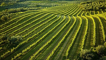Fototapeta premium Aerial View of Vineyard Rows in a Lush Landscape