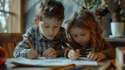 Joyful Kids Engaged in Creative Drawing Together at Home and School