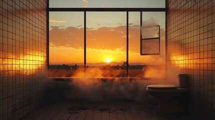 Fototapeta premium Serene Sunset Bathroom Steam Tiles Golden Hour Window View Toilet Relaxation Tranquility Calm
