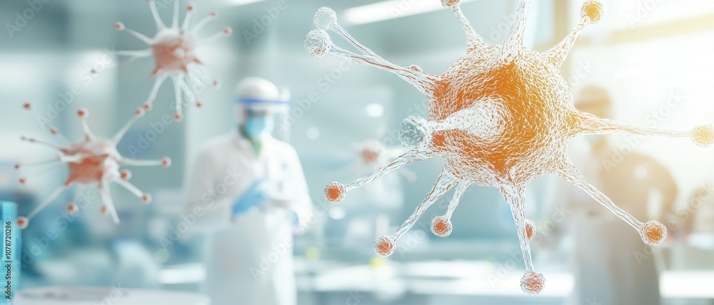 Poster a laboratory scene showcasing scientists studying virus structures through advanced technology and p