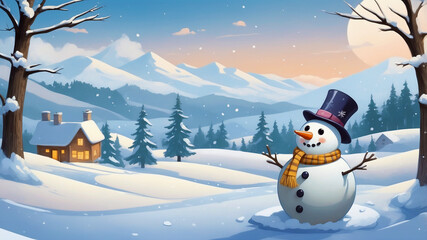 Obraz premium Christmas design background with beautiful christmas tree snowman snowflakes giftboxes and snow falling in winter holidays 