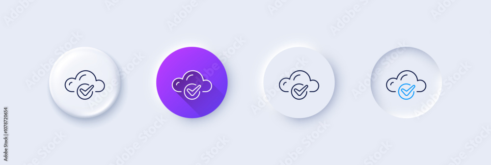 Poster approved cloud computing line icon. neumorphic, purple gradient, 3d pin buttons. internet data stora