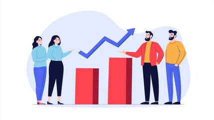 Fototapeta premium Four individuals discussing data trends, represented by rising bar graphs and a growth arrow in a colorful, modern style.