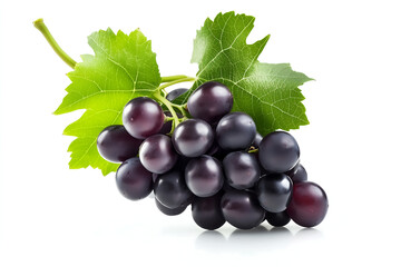 Fototapeta premium Dark purple grape cluster with leaves isolated on white background.