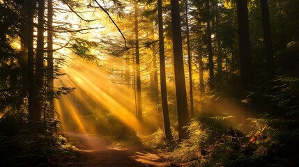 Fototapeta premium Sunlight streams through the trees in a misty forest.